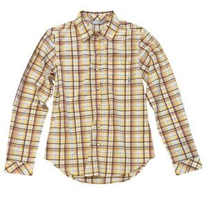 Stio Womens Pearl Snap Long Sleeve Western Style Shirt Size S Yellow/Brown Plaid
